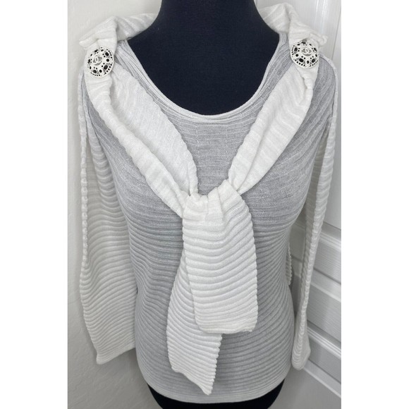 🤍 CHANEL Jewel Button Brooch Pin Ottoman Open Knit Stripe Shoulder Tie Sweater - Picture 2 of 11